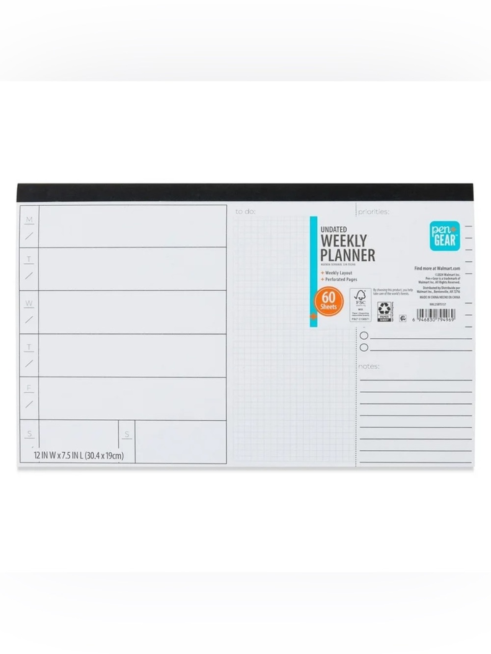 Pen+Gear Undated Large 12”x7.5" Weekly 60 Sheet Desktop Planner Pad NWT